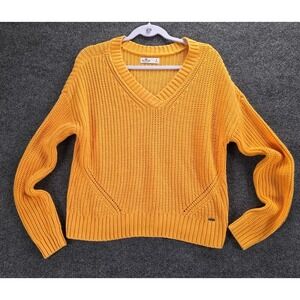 Hollister Womens Mustard Yellow Shaker Knit V-Neck Sweater Small Drop Shoulder